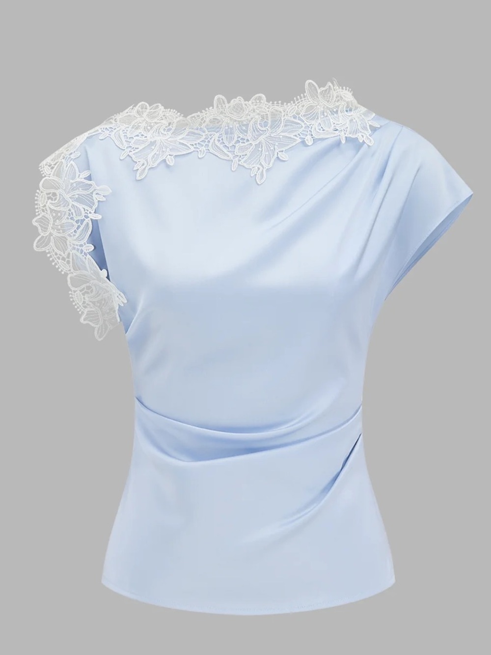 Commense Pale Blue Satin Top with White Lace Yoke